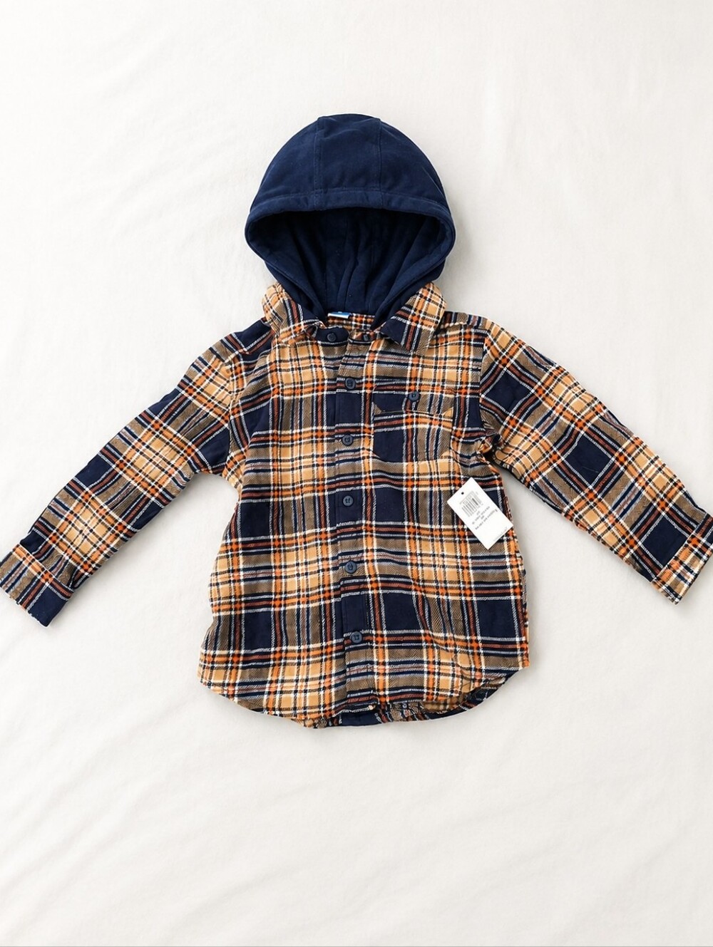 NWT Old Navy Boys Hooded Plaid Flannel Shirt - Navy, Tan, Orange